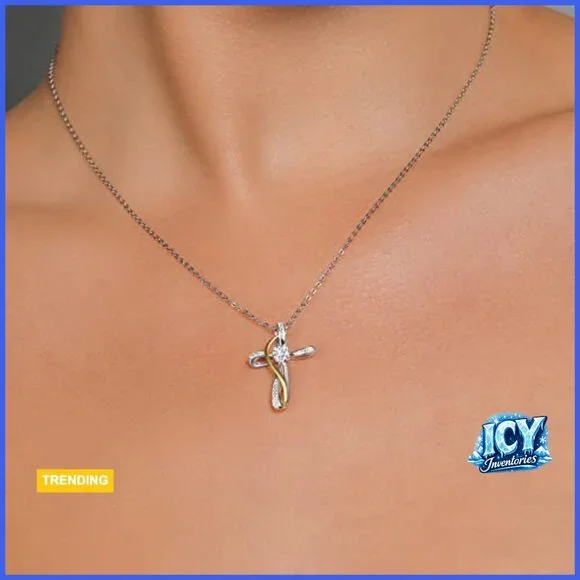 Sterling Silver and 10K Yellow Gold Infinity Cross Pendant Necklace with Lab